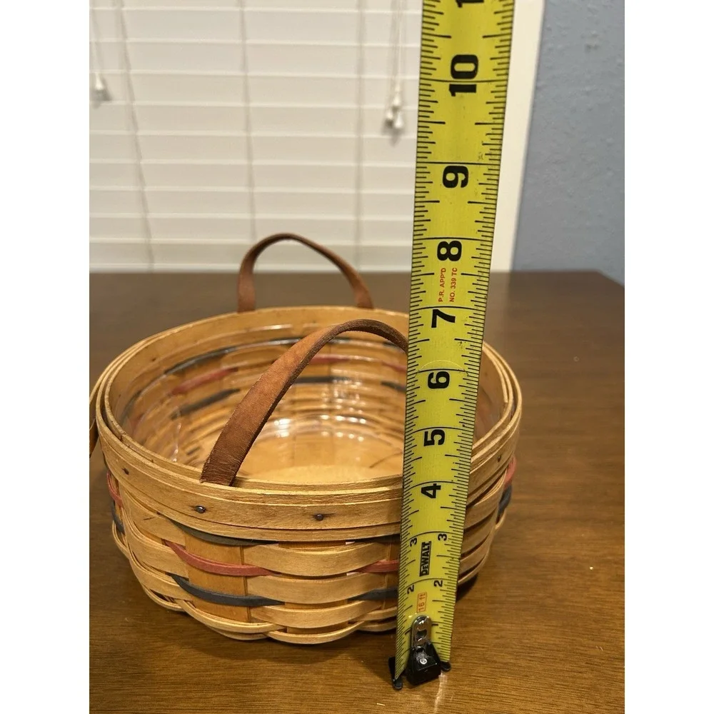 Longaberger 1999 Woven BUTTON BASKET Green Red Blue w/ Liner & Leather Handles